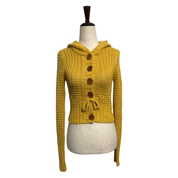 H&M • Cropped Knit Hooded Button Cardigan Yellow 34 XS ASO Luna Lovegood - Picture 2 of 9